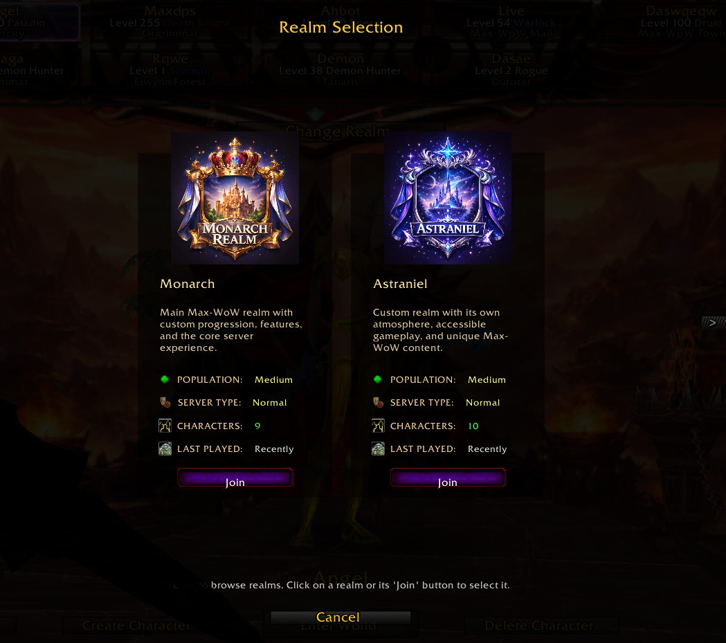 Realm selection screenshot